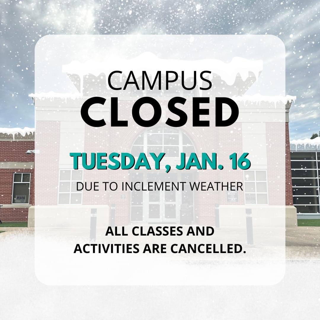 Due to the current road conditions, power outages, and the continuing record-low temperatures, campus will be closed tomorrow, Tuesday, January 16th.  This closure includes all activities, including on-campus, hybrid, and online classes. <a href="/SearkSharks/">SEARK Shark Athletics</a>