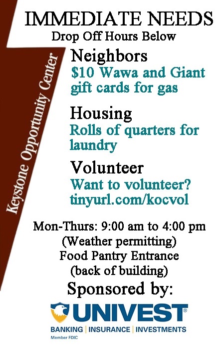 Keystone Opportunity Center (@keystoneopp) on Twitter photo Happy Immediate Needs Monday, sponsored by <a href="/UnivestCorp/">Univest Financial</a>! Keystone neighbors need $10 Wawa or Giant gift cards for gas. Neighbors need rolls of quarters for laundry. Want to volunteer? Visit tinyurl.com/kocvol. For more needs, visit keystoneopportunity.org/needs. Please share! Happy Immediate Needs Monday, sponsored by <a href="/UnivestCorp/">Univest Financial</a>! Keystone neighbors need $10 Wawa or Giant gift cards for gas. Neighbors need rolls of quarters for laundry. Want to volunteer? Visit tinyurl.com/kocvol. For more needs, visit keystoneopportunity.org/needs. Please share!