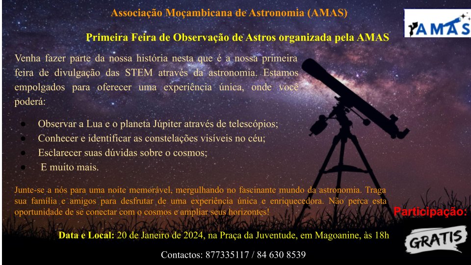 AMAStronomia's tweet photo. São todos convidados a participar da nossa primeira feira de observação dos astros (Lua, planeta Júpiter e constelações visíveis no Hemisfério Sul). Neste evento poderá esclarecer algumas dúvidas e perceber um pouco mais do Universo. A participação desta feira é gratuita. https://t.co/uS7gITeoc1