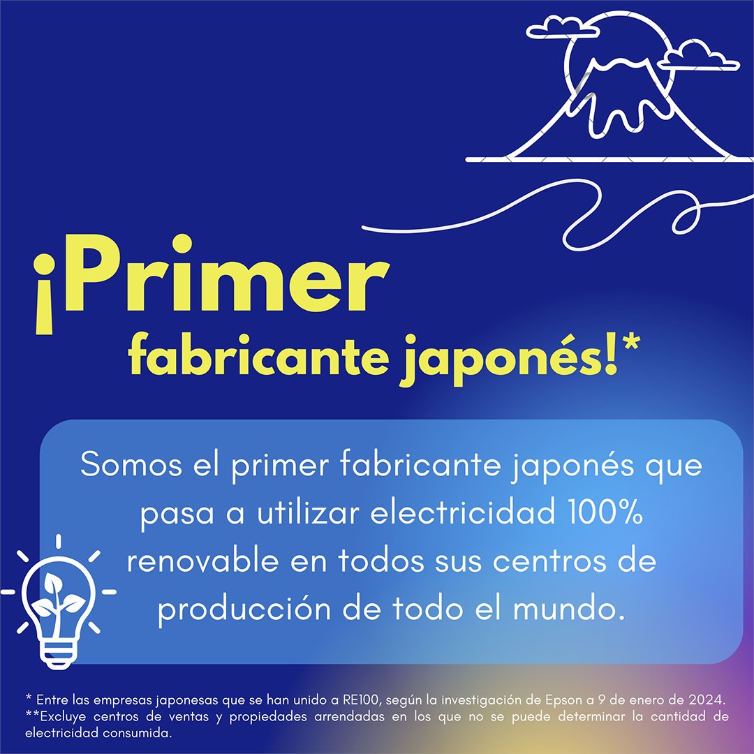 Epson se convirtió en el primer fabricante japonés en utilizar energías renovables para todas sus 
oficinas*.
*Excepto propiedades alquiladas donde no se puede determinar el consumo.
Link: bit.ly/4aUGygF