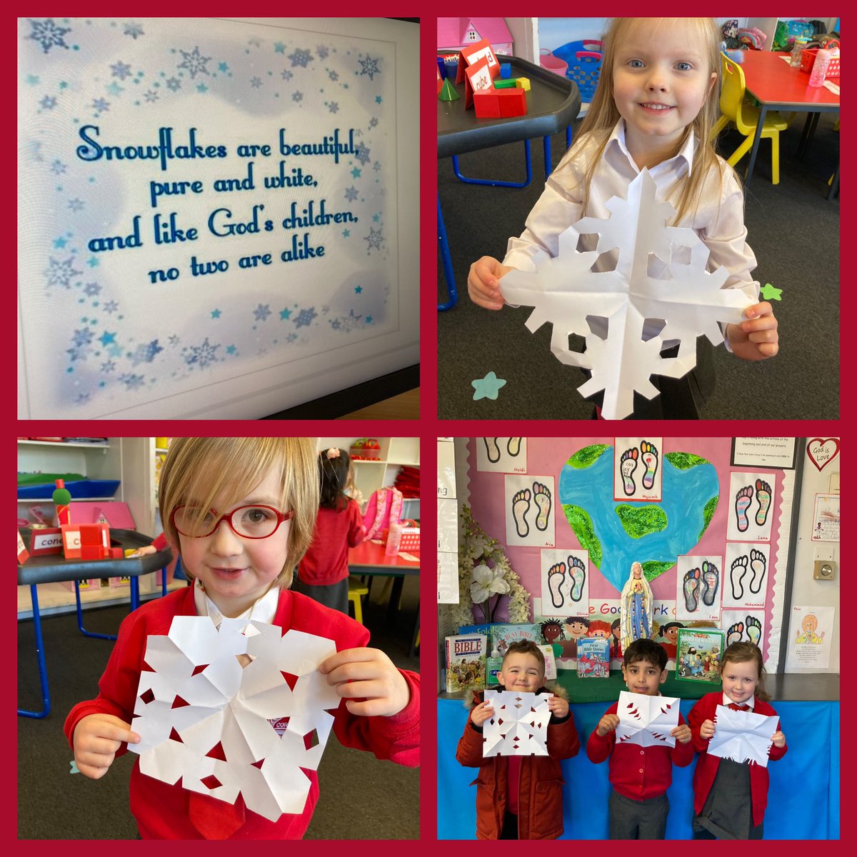 P1b have been learning all about God’s World in Winter. Today we wrapped up warm & went on a winter walk. We then made some beautiful, winter snowflakes. 🥰❄️ “Snowflakes are beautiful, pure and white, and like God’s children, no two are alike.” @CorpusChristi_K @ArchdiocGlasgow