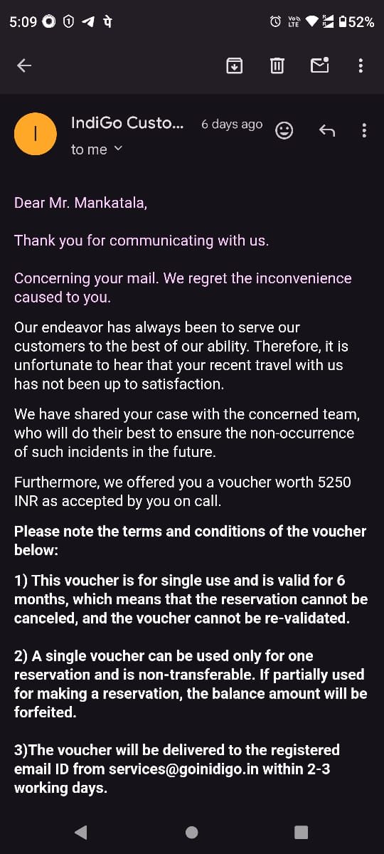 RMankatala's tweet photo. Later I received mail, highlighting they can’t provide 5250 and that confirmation mail was sent erroneous.
@IndiGo6E @DGCAIndia @JM_Scindia Kindly help with resolution. My bag costed more than 5k, either provide voucher worth 5k or same bag. https://t.co/ylnFqF004L