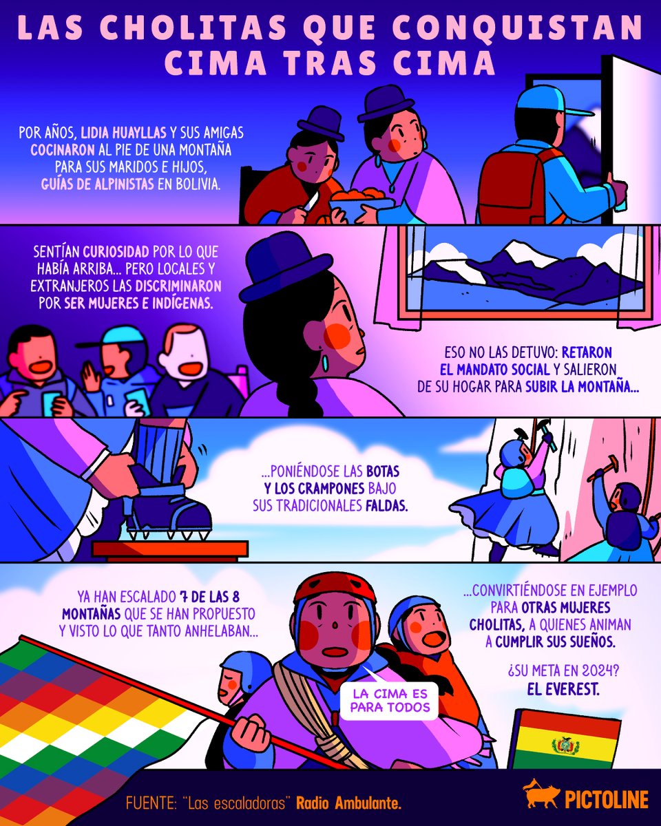 pictoline's tweet photo. Ni la discriminación ni las montañas las han detenido 🏔️ ✨ ¡Aplausos para las #cholitasescaladoras! 👏👏

#Everest #Aventura #Escaladoras #cholitas #escalar #mujeresmontañeras https://t.co/iSUO7VE7HZ