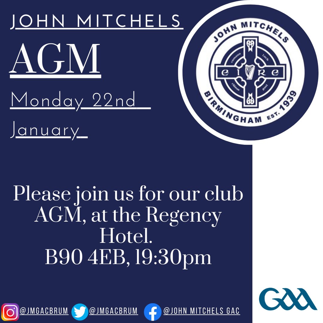 ⚪️🔵 John Mitchels AGM ⚪️🔵 We host the clubs AGM, Monday 22nd January, The Regency Hotel at 7:30 pm. We hope to see all members & anyone who wishes to join, reflect on the past season & plan for the upcoming one. We look forward to seeing you all there! ⚪️🔵 MitchelsAbu ⚪️🔵