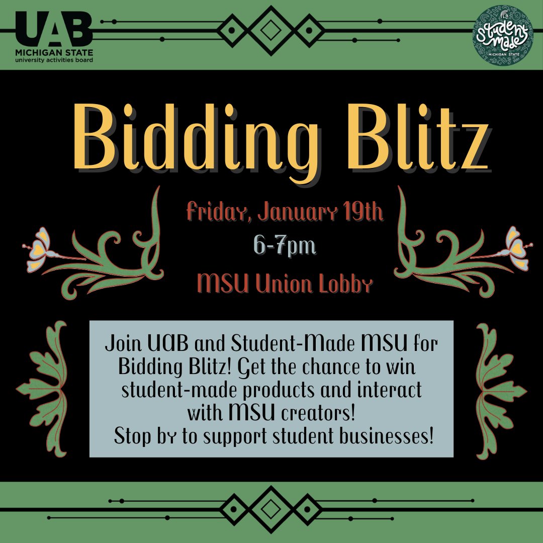Let the bidding begin! UAB is partnering with MSU Student Made to bring you the opportunity to bid (with fake money) for items made by your peers. In addition, this event will provide macarons along with tea served elegantly.