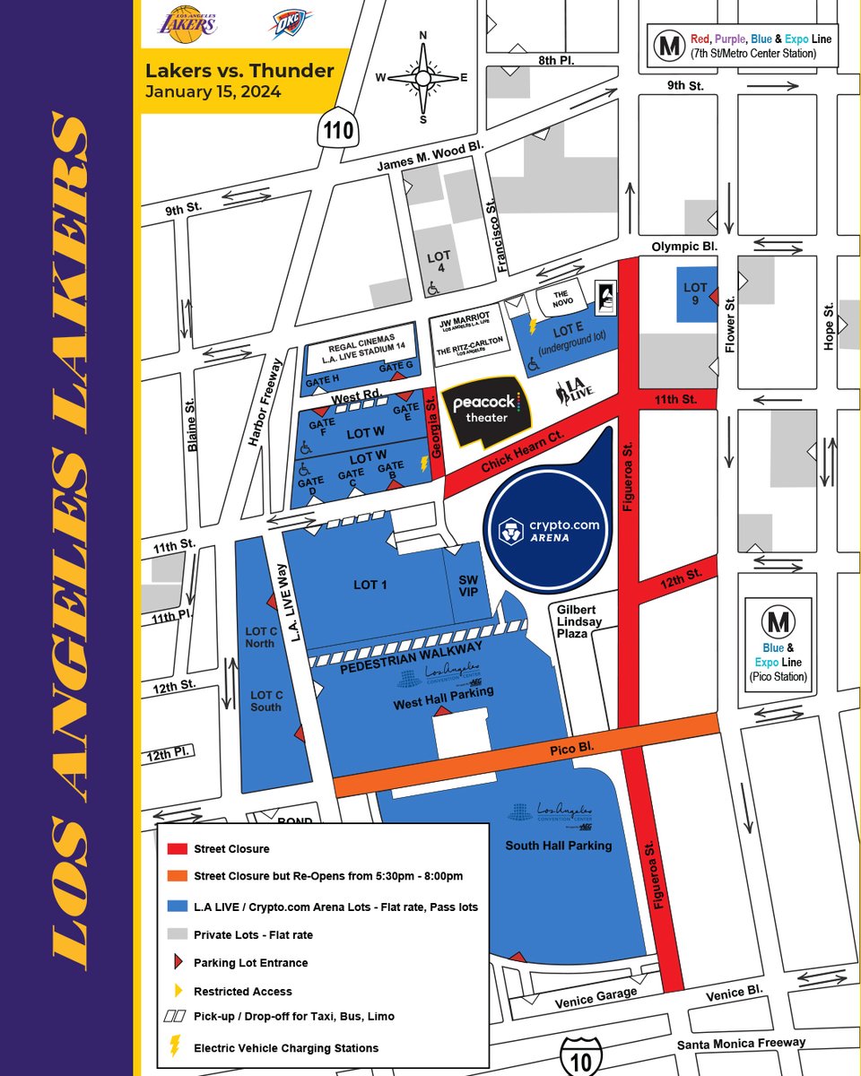 If you are attending the Lakers vs Thunder game this evening, January 15,  please allow yourself extra time to arrive on time for tip-off. We are  expecting extra traffic and street closures