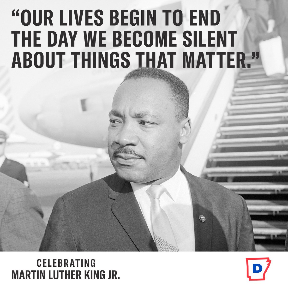 ArkDems's tweet photo. Dr. King’s words and his work continually inspires us to strive for a fairer and brighter future for our state and our communities. 

Today and everyday, Arkansas Democrats lift up his service and his sacrifice in the fight for equality, economic opportunity, and racial justice. https://t.co/g0xnsQ0p6O