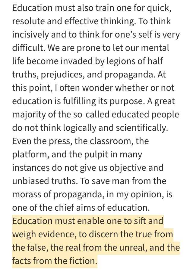 Today, reflect on the timeless wisdom of Dr. Martin Luther King Jr. His words accurately describe our current world &amp; still provide the way forward through education.  kinginstitute.stanford.edu/king-papers/do…