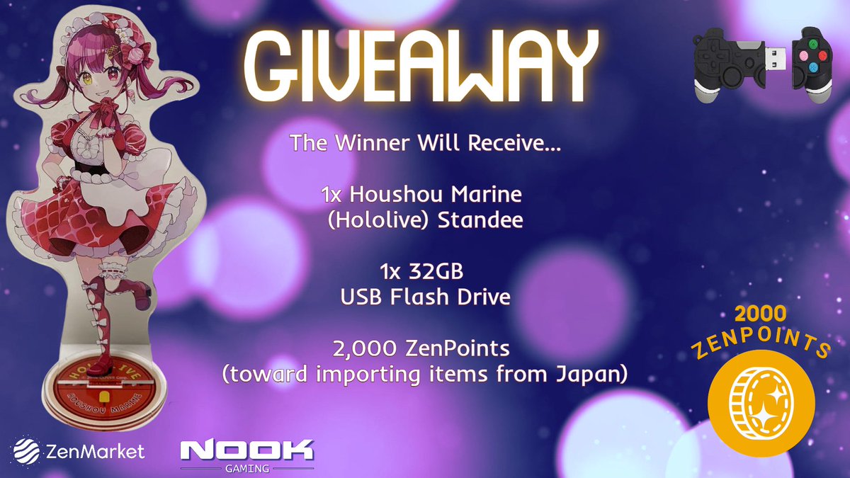 ✨GIVEAWAY✨

🪄We will be giving away a #Hololive standee, 32GB USB flash drive and 2000 ZenPoints

To ENTER: 
💗Follow us (<a href="/NookSite/">NookGaming.com | JRPGs, Visual Novels and More💕</a>) &amp; <a href="/zenmarket_en/">ZenMarket EN</a>
✨Retweet this post
🖊️Sign up to ZenMarket via this link: zenmarket.jp/en/signup.aspx…

⬇️For more details, check out our post
