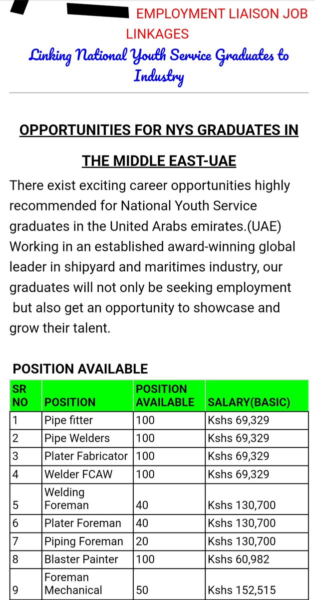 Are you National Youth Service graduate looking for job? @NYS_Ke has advertised jobs in #UnitedArabEmirates for you. Check here for details: docs.google.com/document/u/0/d… Empowering youth with jobs & other opportunities locally & globally is surest way to develop & fight crime. #ACT