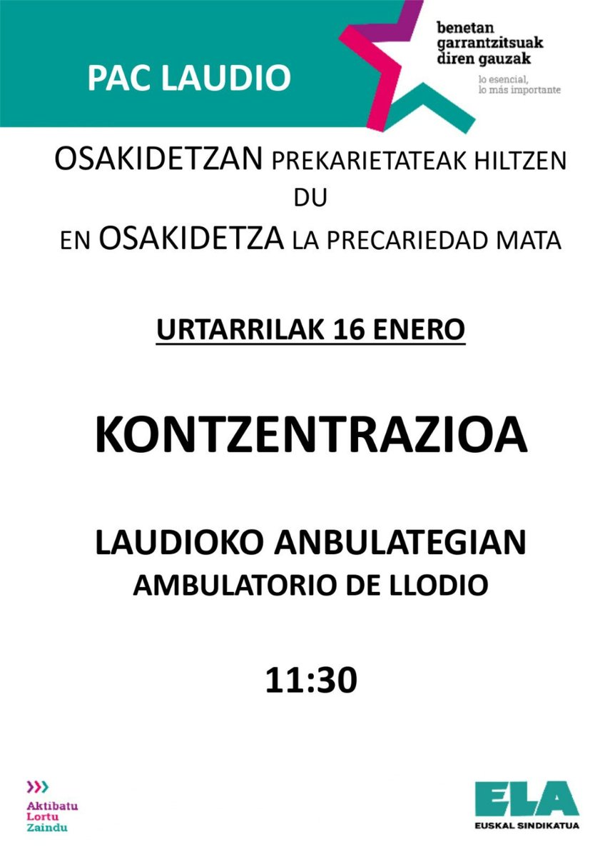 ELASindikatua's tweet photo. 🚨KONTZENTRAZIOA LAUDIOKO PACean!! Bihar - 11,30ean
🚨 CONCENTRACIÓN EN EL PAC DE LLODIO!! Mañana - 11,30

‼️ Prekarietateak hiltzen du, #Osakidetza|n ere. Baliabide gehiago eskatzen ditugu
‼️ La precariedad mata, también en #Osakidetza . Exigimos más recursos https://t.co/TGWjMU8nP9