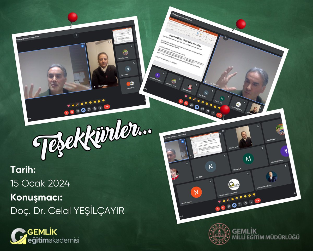 Gümüşhane Üniversitesi <a href="/gumushaneuniv/">Gümüşhane Üniversitesi</a> Edebiyat Fak. Felsefe Tarihi ABD Öğretim Üyesi Doç. Dr. Celal YEŞİLÇAYIR <a href="/CelalYesilcay/">Celal Yeşilçayır</a> "Eğitim Süreçlerinde İnsan Haklarının Yeri ve Önemi" başlığıyla <a href="/GemlikMem/">GEMLİK İLÇE MİLLİ EĞİTİM MÜDÜRLÜĞÜ</a> öğretmenlerimizle birlikteydi. Kendilerine ve öğretmenlerimize teşekkür ederiz.