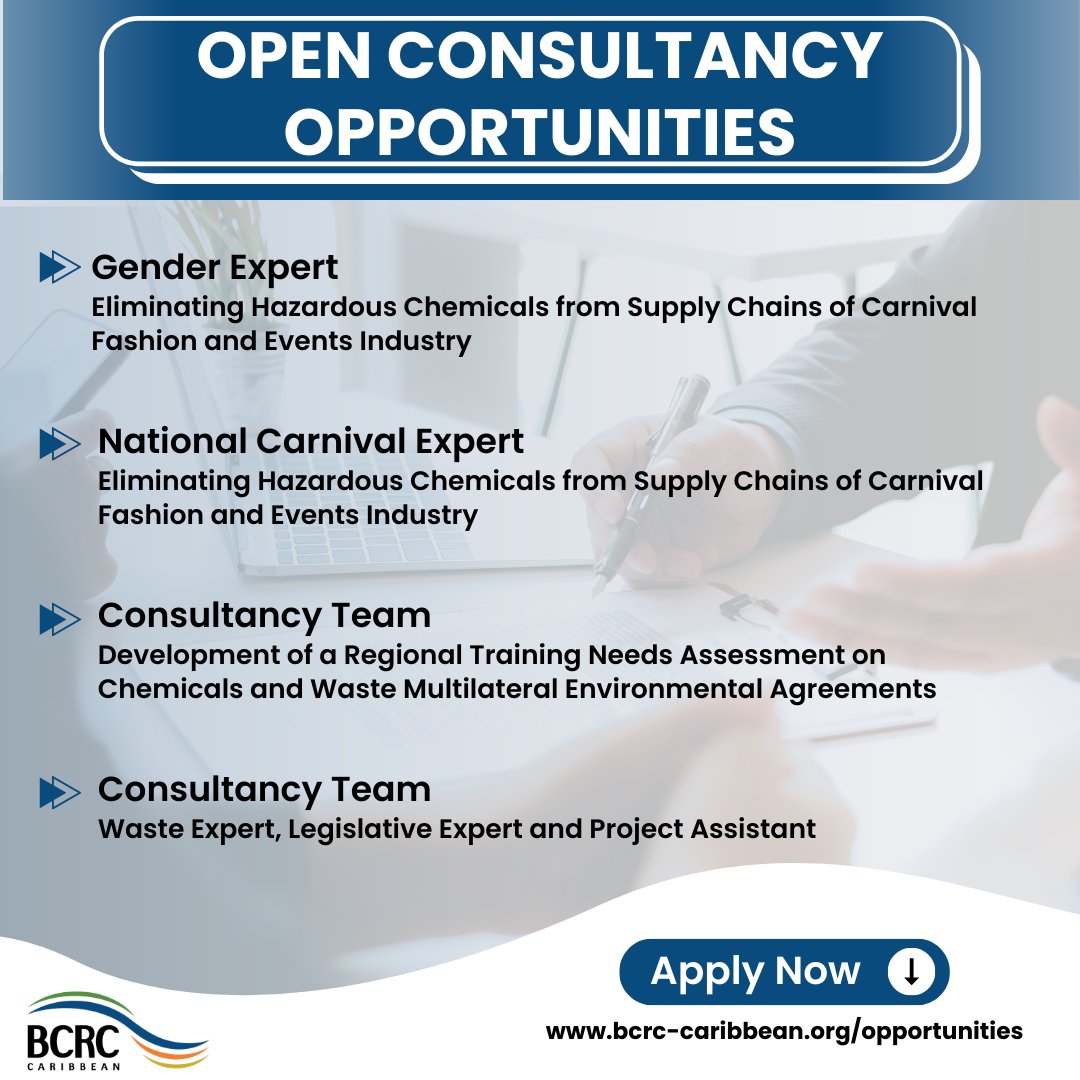 OPEN CONSULTANCIES! The BCRC-Caribbean is seeking to recruit suitably qualified consultants/experts to support with the implementation of projects: 1)Gender Expert 2)National Carnival Expert 3)Consultancy Team 4)Consultancy Team Visit www.bcrc-caribbean/opportunites for details