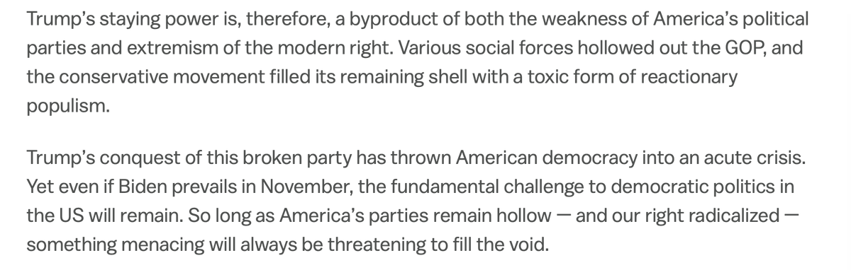 I wrote about @daschloz and @sam_rosenfeld's new book on the hollowing out of American political parties. Their analysis helps explain why the GOP Establishment has been incapable of ousting an insurrectionist who nearly got them killed. TLDR: vox.com/politics/24035…