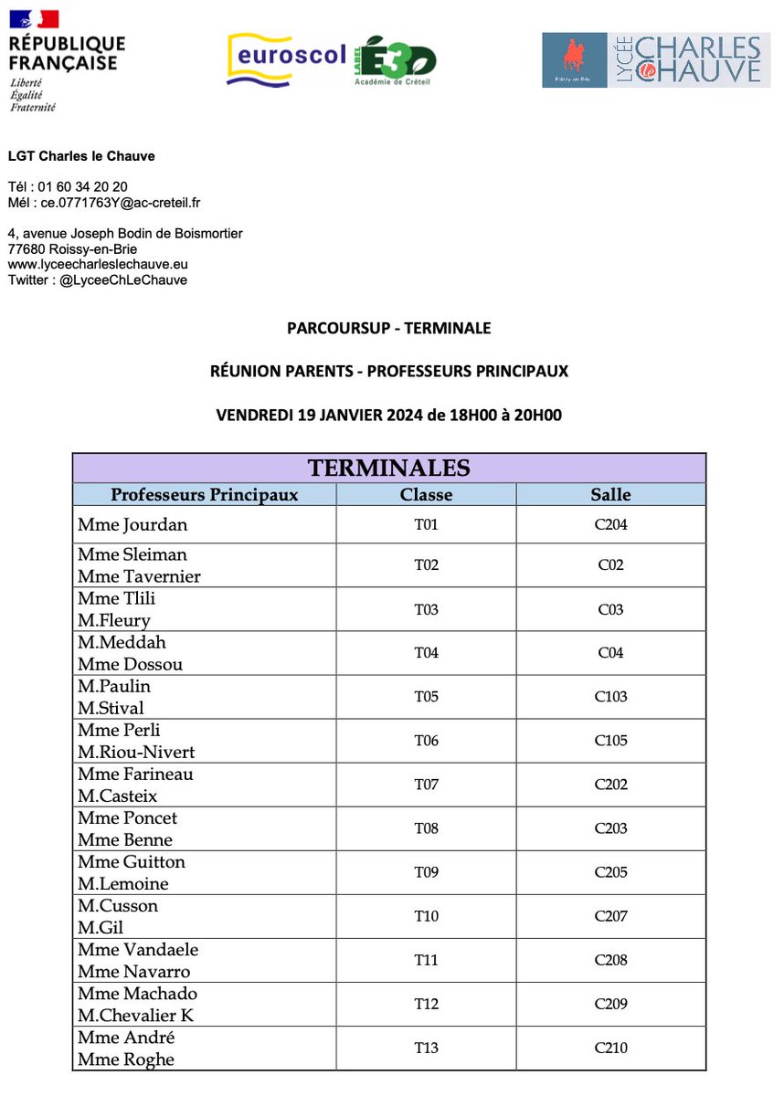 Une réunion autour de Parcoursup 2024 à destinations des parents d'élèves de Terminales aura lieu le vendredi 19 janvier de 18H00 à 20H00 au lycée Charles le Chauve. Ce sera l'occasion de vous présenter les différentes étapes et de répondre à vos questions.