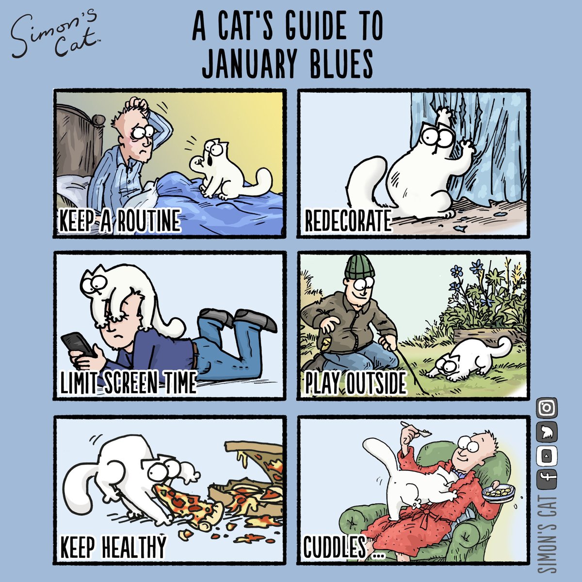 SimonsCat's tweet photo. The cat knows best! A guide for #BlueMonday 😘 https://t.co/VwvkuaTCwP