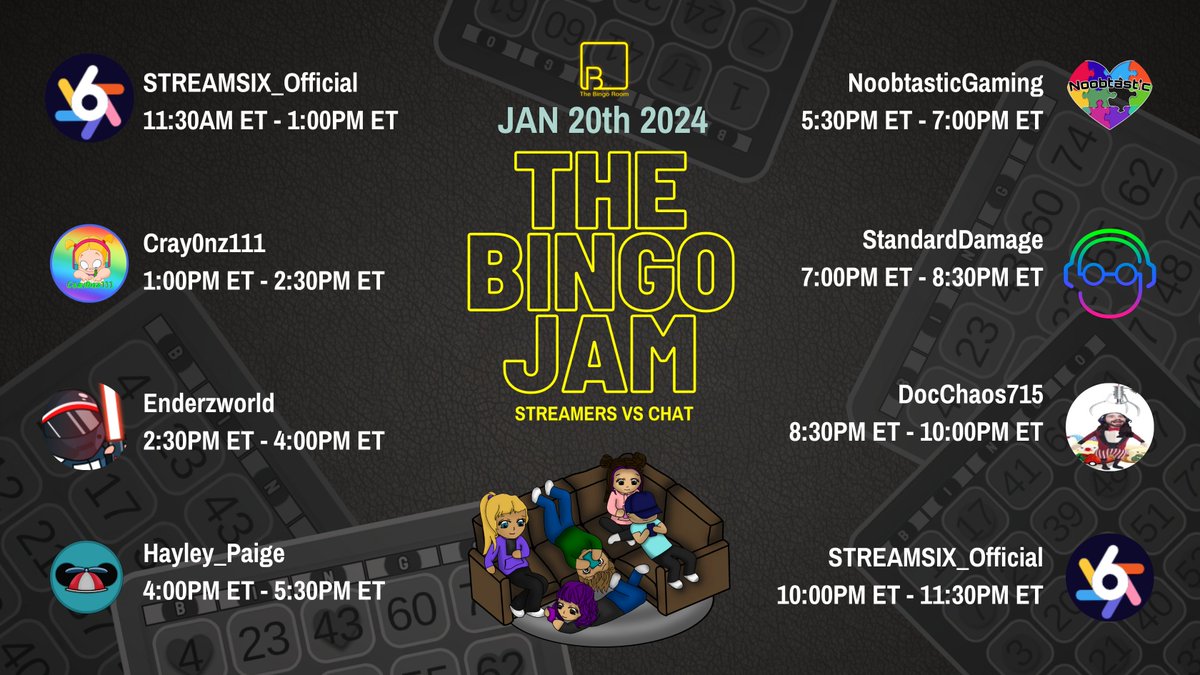 🎉 Mark your calendars, bingo fans!

🎱 The next Bingo Jam is on the horizon, and it's going to be EPIC!

Join us on Saturday, January 20th, starting at 11:30am ET, for a thrilling bingo adventure with 8 exciting segments, all right here in The Bingo Room!

🌟 Get ready to daub