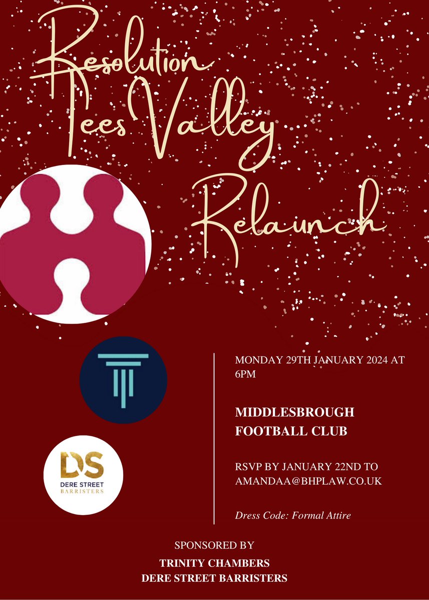 Delighted to announce the relaunch of our regional Resolution group. This event is taking place at the beautiful @RiversideStad and it’s an opportunity to network with family lawyers in the Teesvalley area. 29th Jan is the date so do rsvp. #teesside #teesvalley