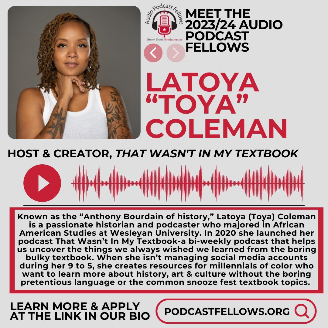 Next up, we are excited to introduce you to <a href="/ToyaFromHarlem/">Your Historian Homie</a> 

Known as the Anthony Bourdain of History, Toya is the host of the bi-weekly podcast <a href="/wasntinmytxtbk/">That Wasn't In My Textbook</a> . She is also a skilled historian, social media manager, and content creator.