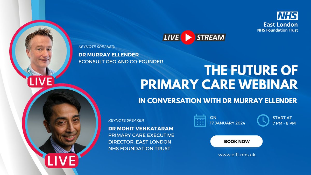 Join our Zoom #webinar this Wednesday at 7 pm with speakers Dr. @murrayellender of #eConsult and Dr. @MohitVenkataram from ELFT. They'll discuss eConsult's creation, evolution in #GP access, and the future of #digital #healthcare in the #NHS. Register now: elft-nhs-uk.zoom.us/webinar/regist…