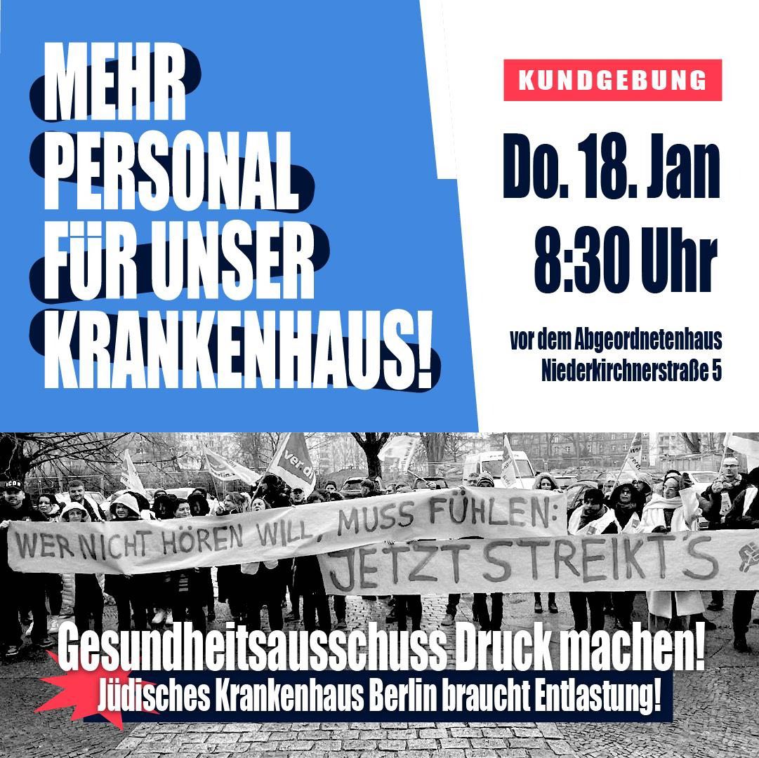 KeineProfite's tweet photo. Seit 7 Tagen sind die Kolleg*innen im Jüdischen Krankenhaus im unbefristeten Erzwingungsstreik. Diesen Donnerstag ist eure Chance den Kolleg*innen eure Solidarität zu zeigen, vorm Abgeordnetenhaus gibt es eine Kundgebung ab 8:30. #Streik #TVE https://t.co/Sv8dTrbsX7