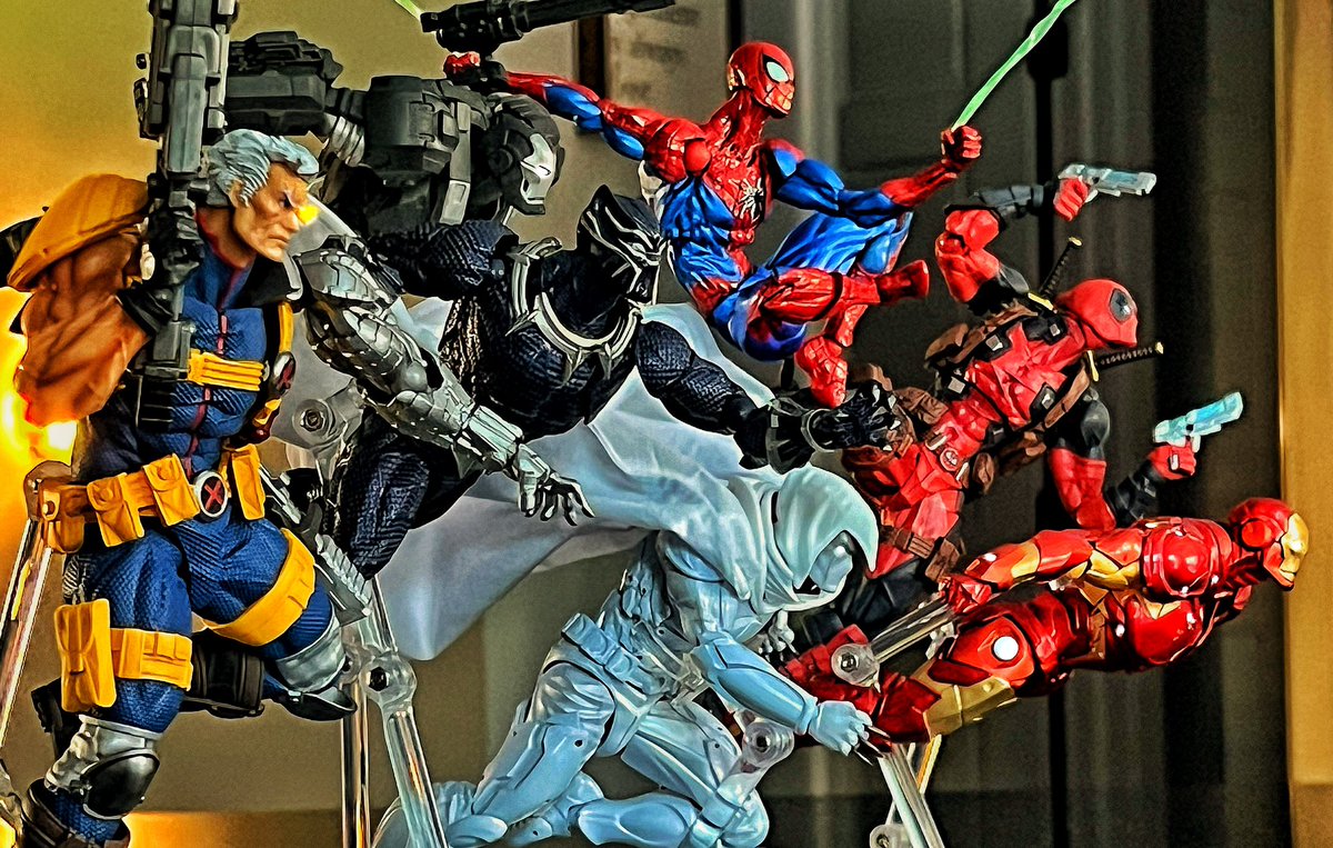 actionfigurejun's tweet photo. Who out there enjoys some Revoltech figures? I know I do. #amazingyamaguchi #revoltech #marvel #mcu #marvelcomics #marvelactionfigures #cable #deadpool #moonknight #spiderman #ironman #warmachine #blackpanther #actionfigures #actionfigurephotography https://t.co/1SiPWowDF2