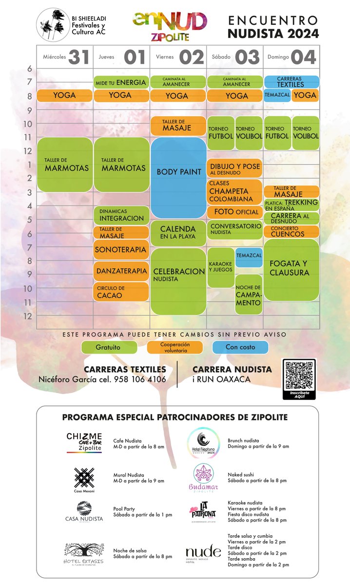 Seguramente todavía tendrá cambios menores de aquí al Encuentro, los programas finales se imprimirán en grande y se colgarán en la velaria nudista.