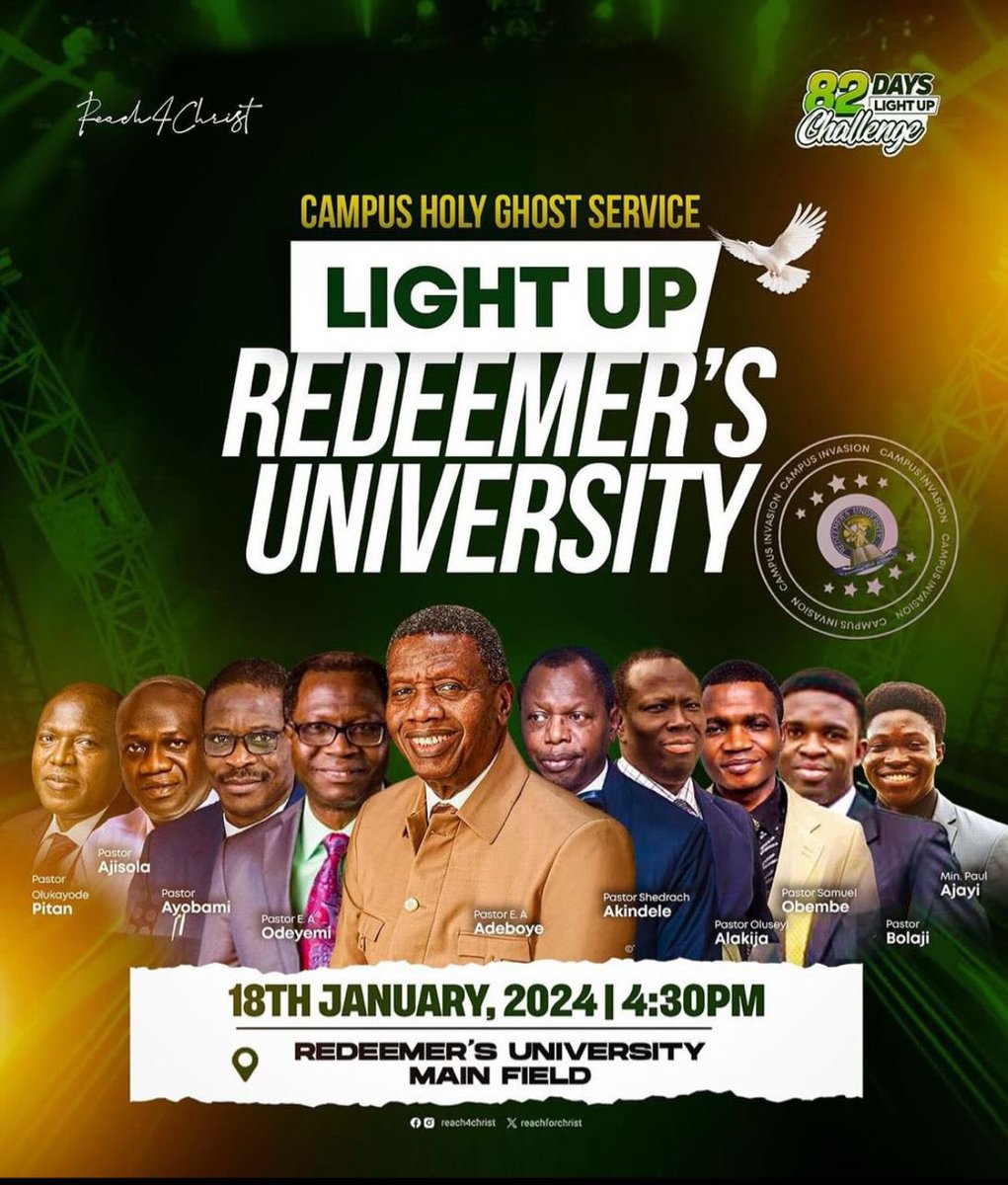 RCCG PUBLIC RELATIONS (@rccg_pr) on Twitter photo On the 18th of January 2024, Redeemers University will encounter the Hand of God in an unusual way at the RUN Light Up Crusade and Campus Holy Ghost Service. Ministering live is our Father in the Lord <a href="/PastorEAAdeboye/">Pastor Adeboye</a> and other anointed ministers of God, prepare for a life On the 18th of January 2024, Redeemers University will encounter the Hand of God in an unusual way at the RUN Light Up Crusade and Campus Holy Ghost Service. Ministering live is our Father in the Lord <a href="/PastorEAAdeboye/">Pastor Adeboye</a> and other anointed ministers of God, prepare for a life