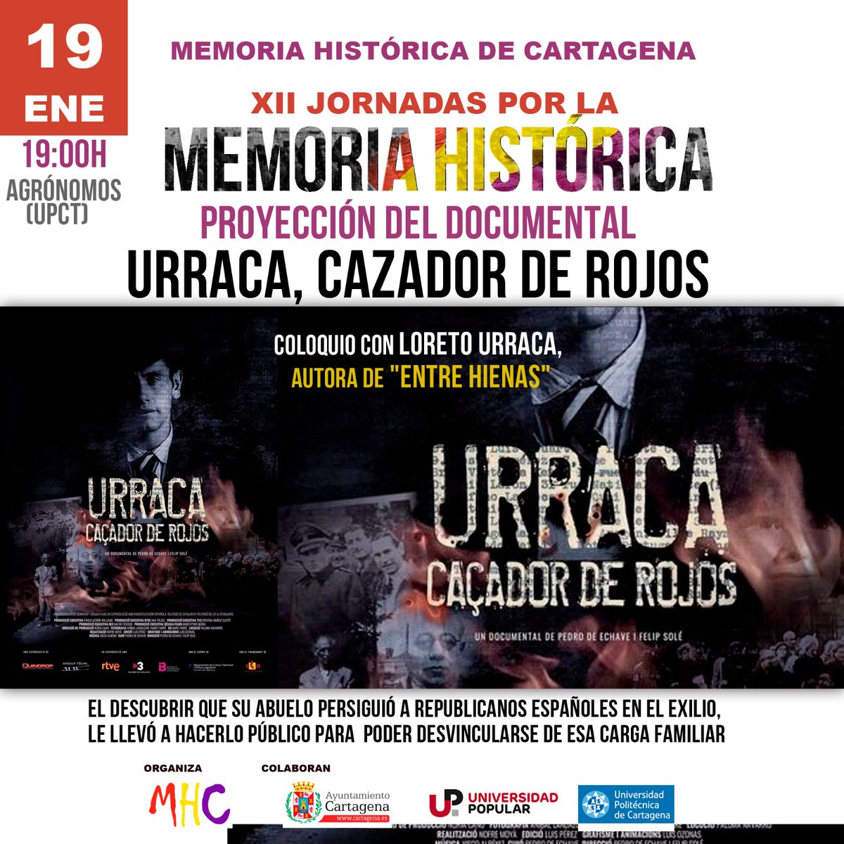 cartagena_mh's tweet photo. Loreto Urraca se enteró en 2008 por un artículo de El País de que su abuelo no era como ella creía. El viernes nos lo contará en la escuela de Ingeniería Agronómica de Cartagena a las 19 horas. https://t.co/46ol4UqRMM