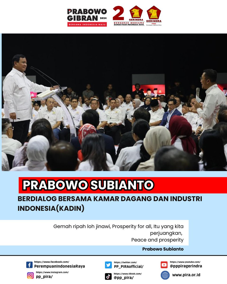 PP_PIRAofficial's tweet photo. Prabowo Subianto menghadiri undangan dialog bersama Kamar Dagang dan Industri Indonesia (Kadin)
#pira #piraluarbiasa #piragoesdigital #perempuan #piragerindra #gerindra #gerindramenang #2024prabowopresiden #hutpira #prabowogibran https://t.co/iS8AVzYIiI