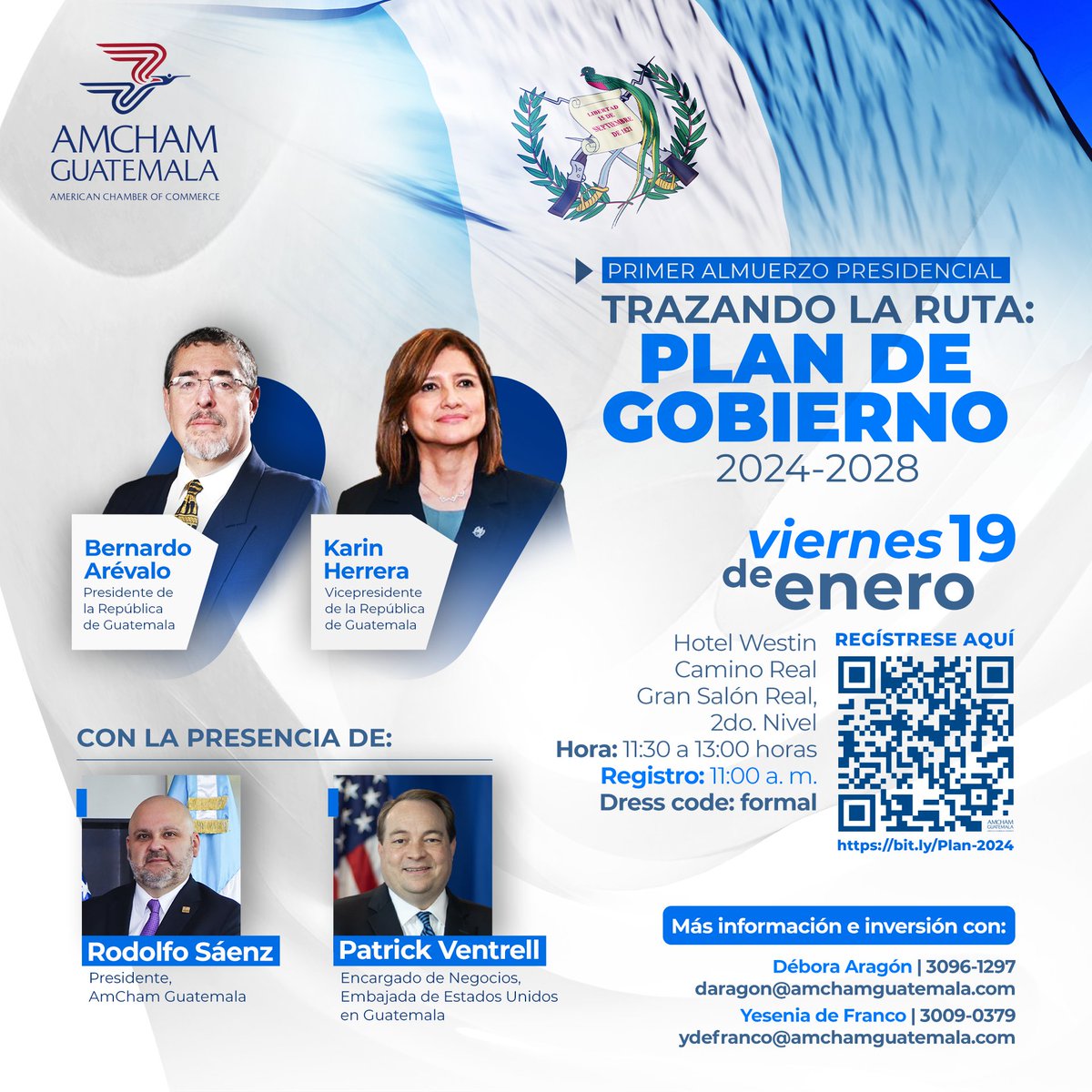 AmChamGT's tweet photo. Como cada cambio de mando, #AmChamGT ofrece el primer evento presidencial, y este año se llevará a cabo el viernes 19 de enero: Trazando la ruta Plan de gobierno 2024-2028.

Más información e inversión con:
Yesenia de Franco | 3009-0379
ydefranco@amchamguatemala.com

#TrazandoRutaAmCham #PlanDeGobiernoGT #GuatemalaAvanza #Guatemala