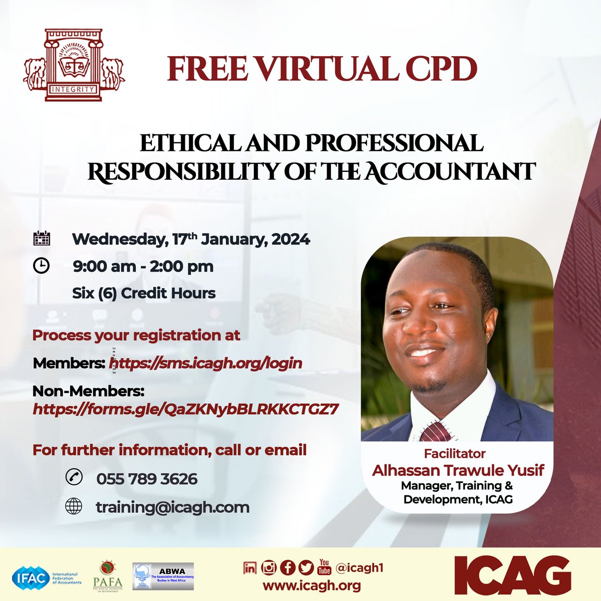 Begin your year with a free Virtual Continuous Professional Development (CPD)!
Wednesday, 17th January, 2024 from 9:00am to 2:00pm.
Register now and enjoy an insightful session on the Ethical and Professional Responsibility of the Professional. 
#FREECPD
#virtualcpd
#icagcpd