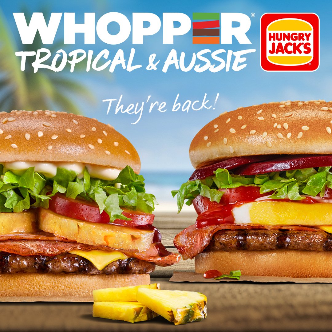 THEY'RE BACK! 🍔🔥 The Tropical Whopper & Aussie Whopper are back at HJ's for summer. ☀️