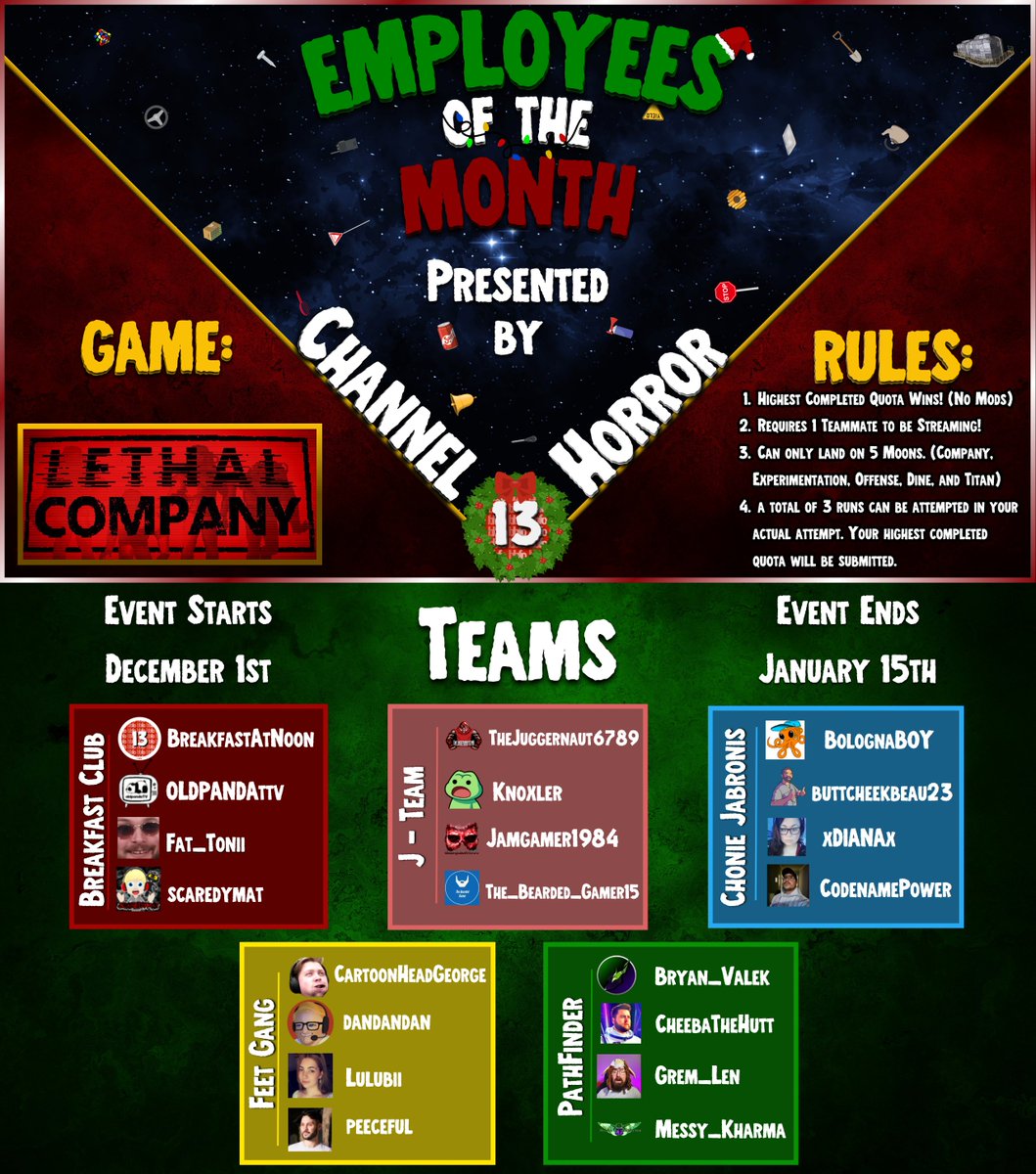 Today we continue our run for the @Channel13Horror  Employees of the Month Competition on Twitch. Come join Team Pathfinder &amp; I as we navigate the galaxy towards our highest quota possible on vanilla gameplay. <a href="/Bryan_Valek/">Bryan_Valek</a> <a href="/Grem_Len/">Gremlen</a> <a href="/CheebaTheHutt/">Cheeba</a>