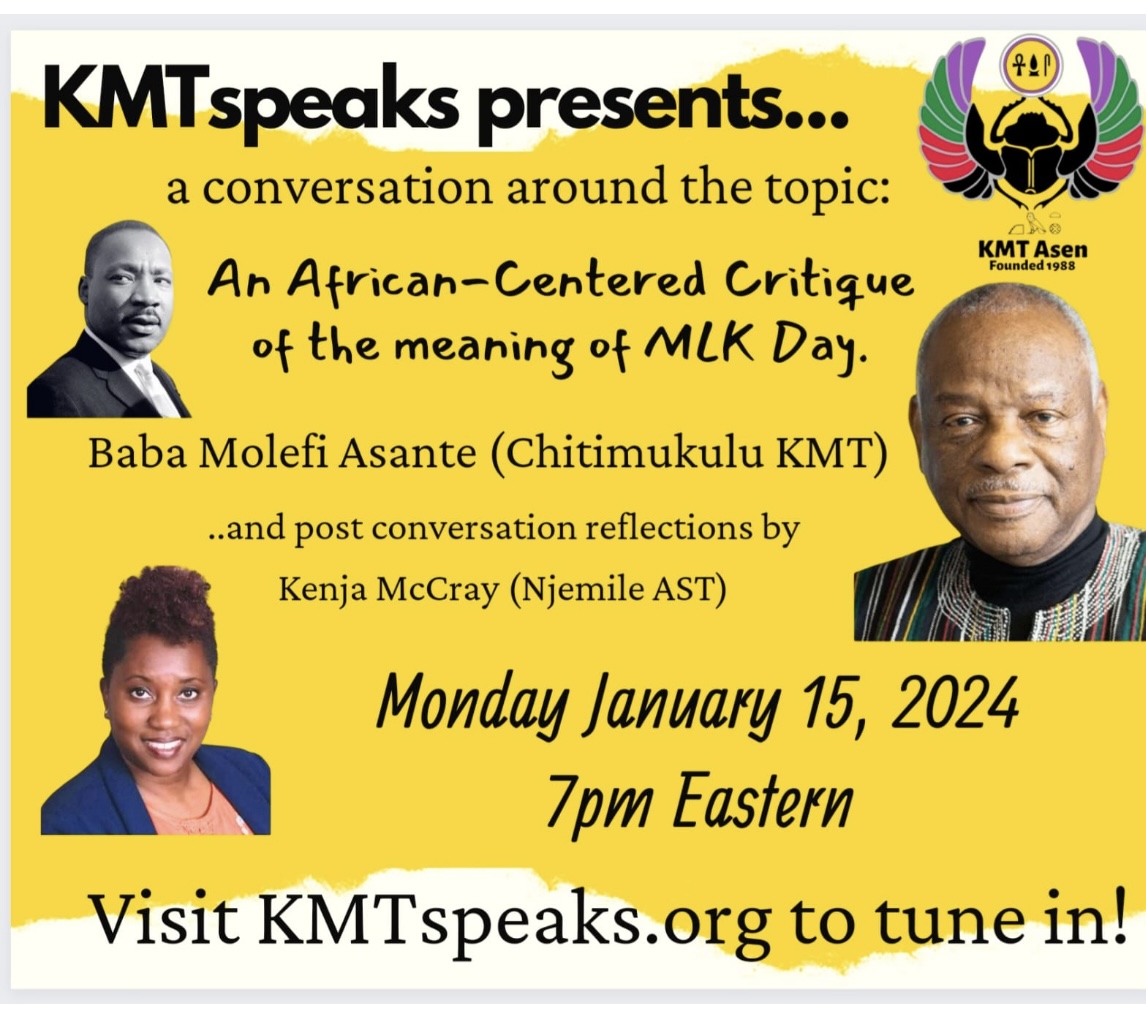 AyizeS's tweet photo. Ready? We’re 1 hour away from ⁦@Molefiasante⁩’s presentation 4 free on 1/15/24 on #DrMLKjr at 7pm👇🏾! Go 2 https://t.co/xdViaBiSxf  2 register #Kmt4Life! @unfoldthesoul ⁦@profleejones⁩ ⁦@dijoni ⁦@ProfRonSullivan⁩ ⁦@unfoldthesoul⁩ ⁦@esglaude⁩ @om3 https://t.co/dxq7ZZOCPv