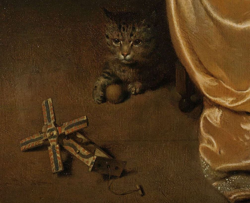 PP_Rubens's tweet photo. 2/2 The cat and the mechanical windmill: could be the beginning of a great story! All happening down in the corner of Caspar Netscher's painting, 1669. https://t.co/EIHDRa0AfQ
