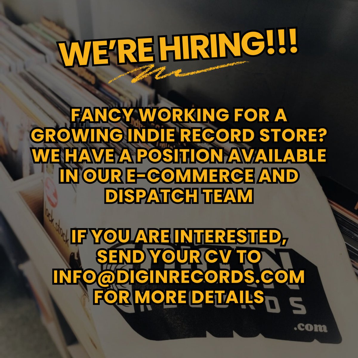New Year - New Job?!

A position has arisen in our e-commerce and dispatch team. Feel like you have what it takes? Shoot us your CV to info@diginrecords.com for more info! #newjob #newyear #music #jobsinmusic #vinyl #woking #welovewoking #ecommerce #diginrecords #jobsearch