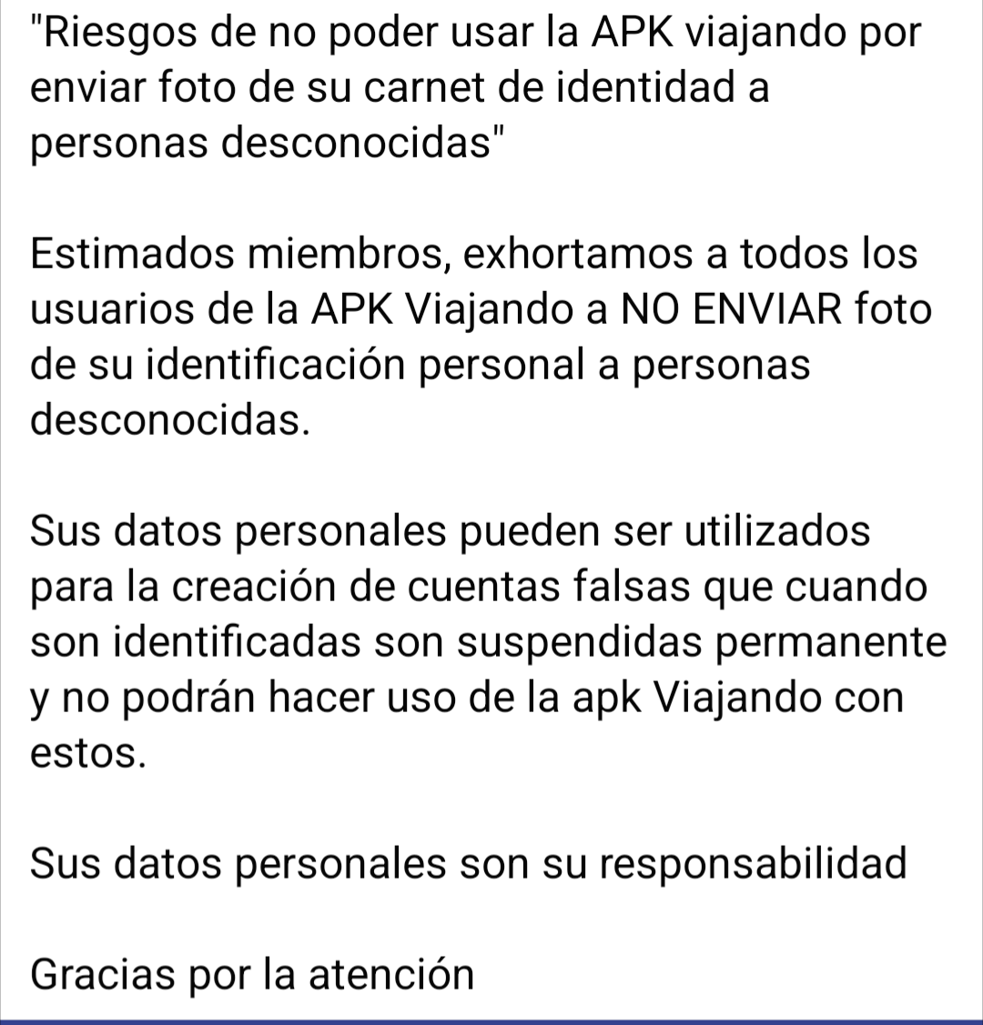 ApkViajando's tweet photo. "Riesgos de no poder usar la APK viajando por enviar foto de su carnet de identidad a personas desconocidas"

@sitranscuba @MitransCuba @cuba_gea @cuba_gea https://t.co/ogGrs88r77