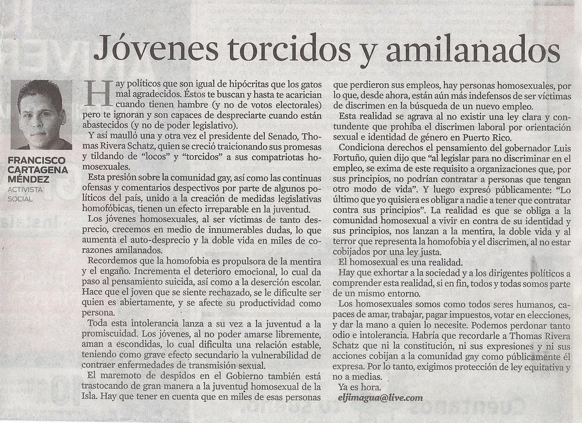 jimaguapr's tweet photo. #Columna que me publicaron en el periódico El Nuevo Día , en contra de la homofobia mediática de @trschatz51 (Rivera Schatz), quien pretende seguir siendo electo para discriminar y cobrar sin hacer nada productivo por el país. #NiRojosNiAzules https://t.co/cbQruSkrVF