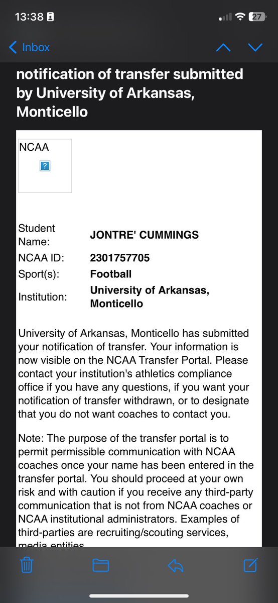 Jontre Cummings (@cummingsjontre) on Twitter photo 5’10 210 Lb/Sam
4years of eligibility
NCAA ID: 2301757705 <a href="/247SportsPortal/">247Sports Transfer Portal</a> <a href="/CollegeFBPortal/">College Transfer Portal</a> 5’10 210 Lb/Sam
4years of eligibility
NCAA ID: 2301757705 <a href="/247SportsPortal/">247Sports Transfer Portal</a> <a href="/CollegeFBPortal/">College Transfer Portal</a>