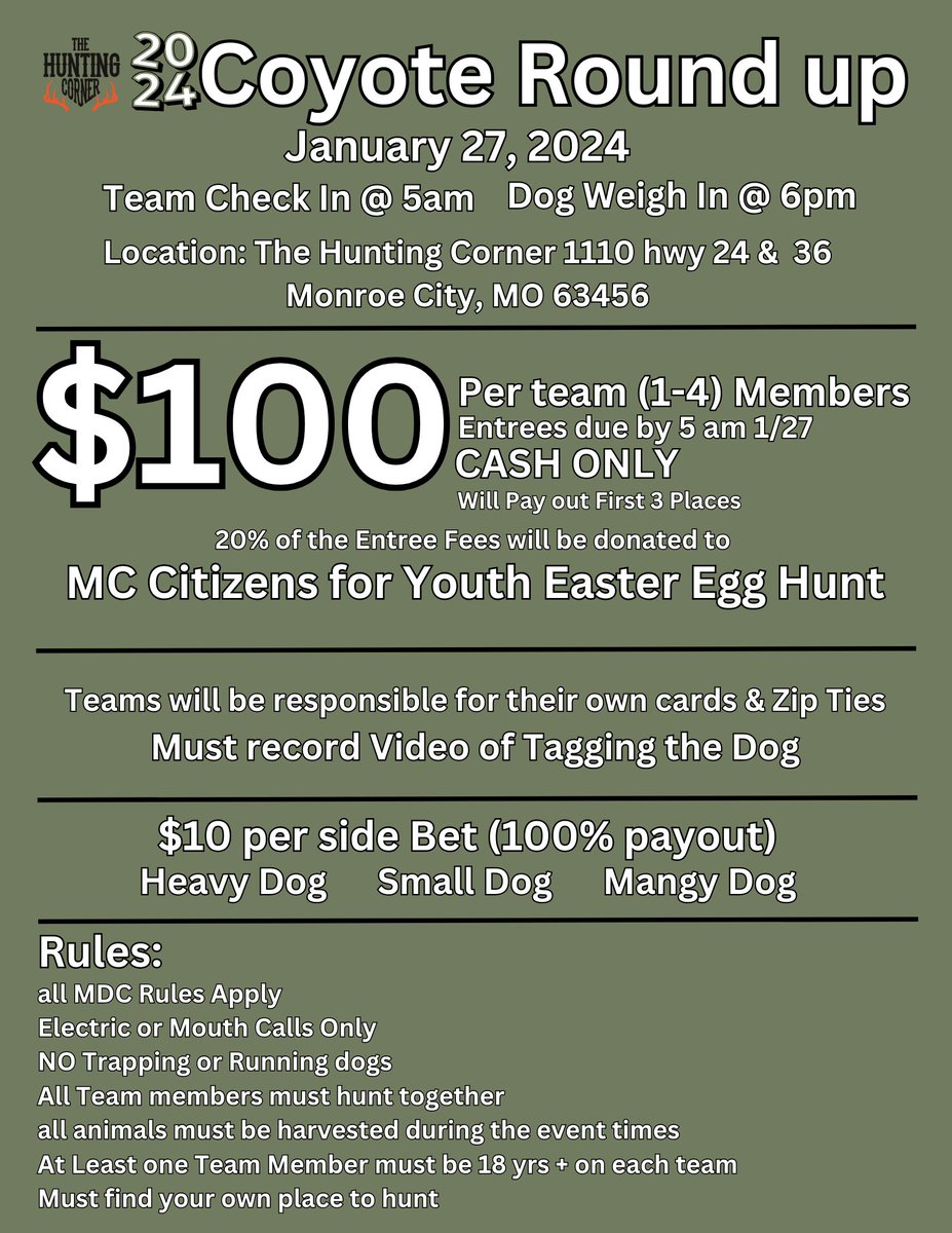 HuntingCornerMO's tweet photo. 5 days left for early bird sign up! Help support our local easter egg hunt AND Get two chances to win a Hawke scope and a few other prizes! https://t.co/ixn3P0OBRj