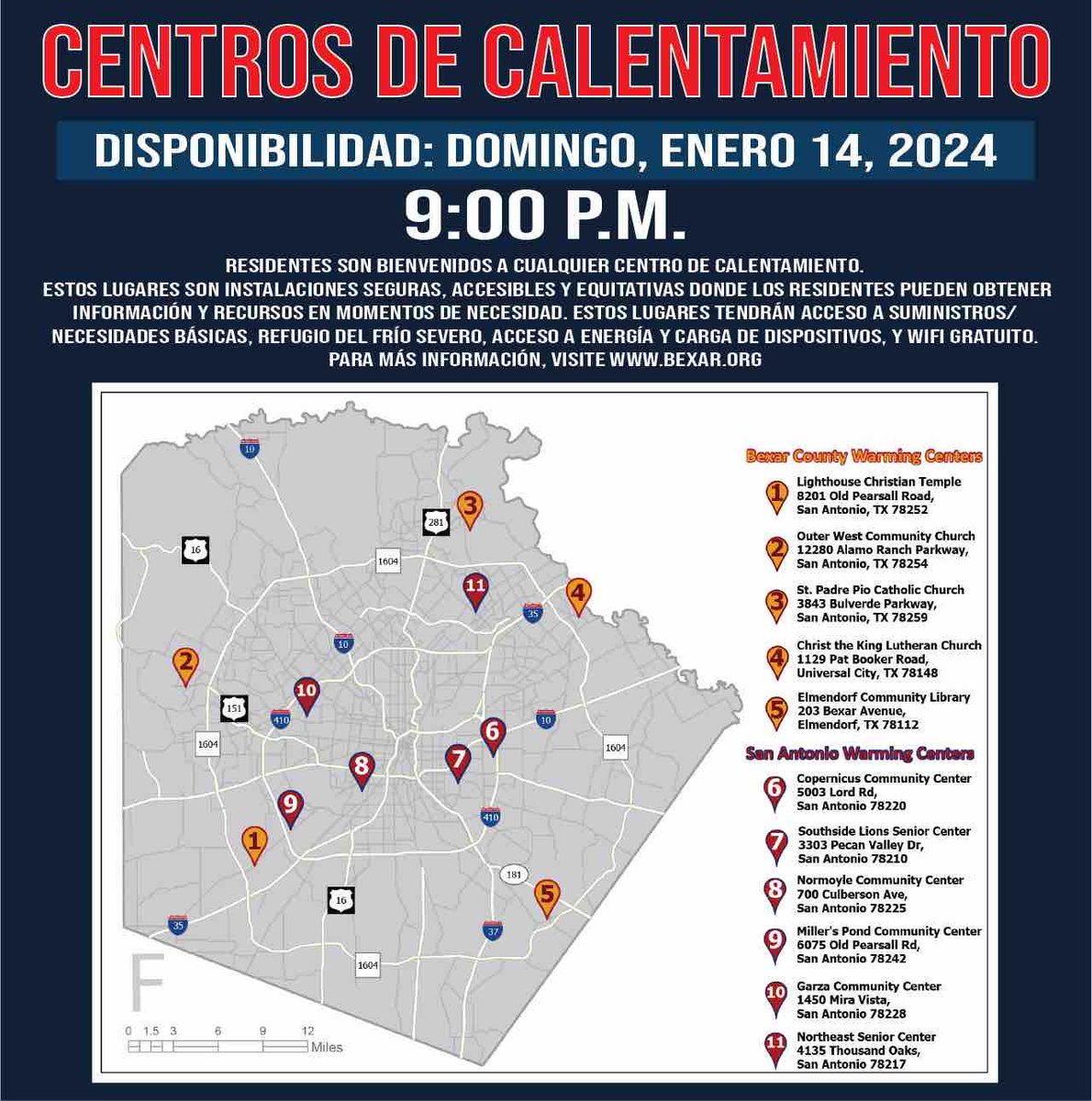 BexarCounty's tweet photo. 🌡️   Warming Centers
 🗓️  January  14, 2024 - Wednesday, January 18,  8:00 AM

More info: https://t.co/3GYmZVIZP4

Share 📲

#BexarCounty #WinterWeather https://t.co/vjrc58Zu0l