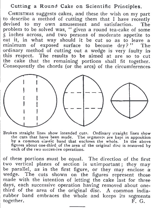 adrianiainlam's tweet photo. @Ryrica_VTuber Reminds me of this:

G., F. Cutting a Round Cake on Scientific Principles.                     Nature 75, 173 (1906). https://t.co/maXnb3C9PO https://t.co/68zOokVBNA
