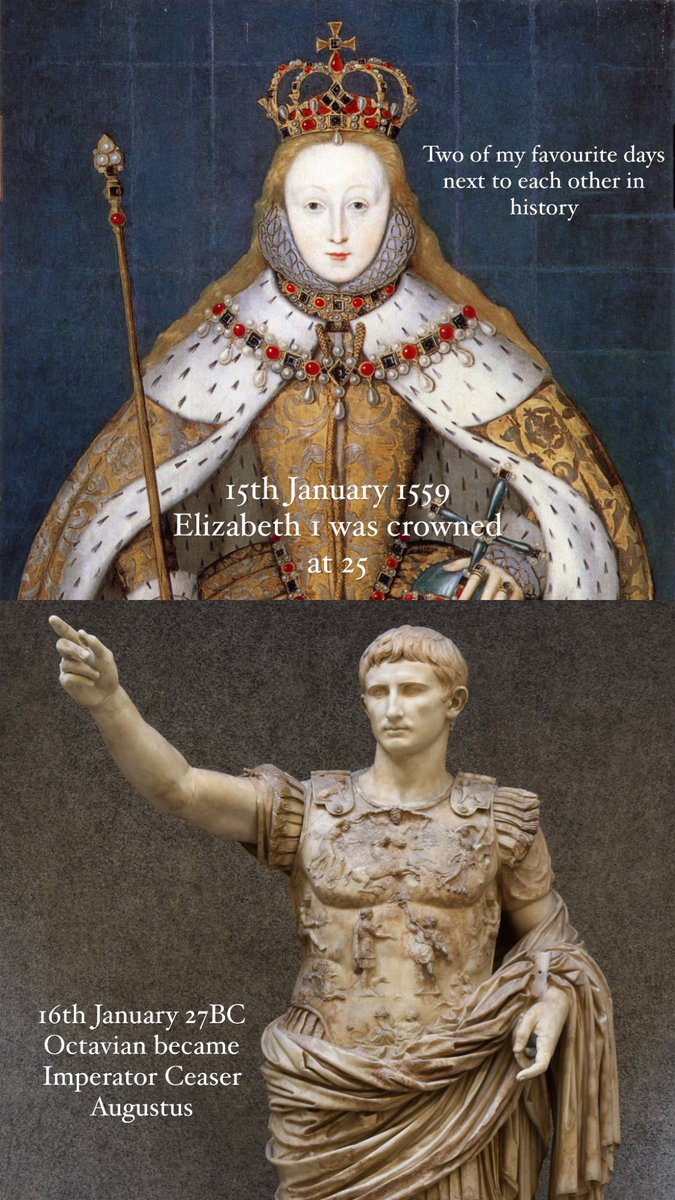 BiaVecc's tweet photo. Two of my most favourite consecutive #onthisday in the #calendar! 15th Jan 1559 #Elizabeth1 was #crowned and 16th Jan 27BC #Octavian became #CaesarAugustus - Two individuals whose impacts on history are so deep and vast we feel them today #ancientrome #Elizabethanengland #history https://t.co/Sw9RMHGEEf