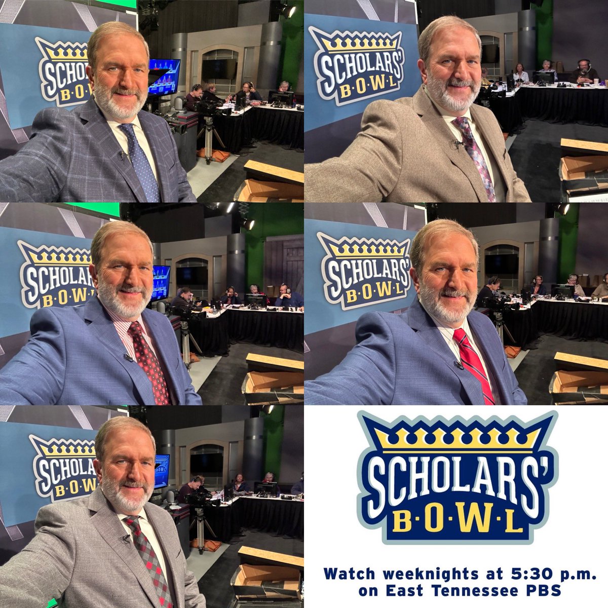 When I tell Tennessee Scholars’ Bowl contestants that I need to take a “selfie for the wardrobe department,” they may not realize I’m referring to my wife, who makes a spreadsheet for my jackets, shirts, and ties. 
Here’s what I’m wearing this week at 5:30pm on East Tennessee PBS