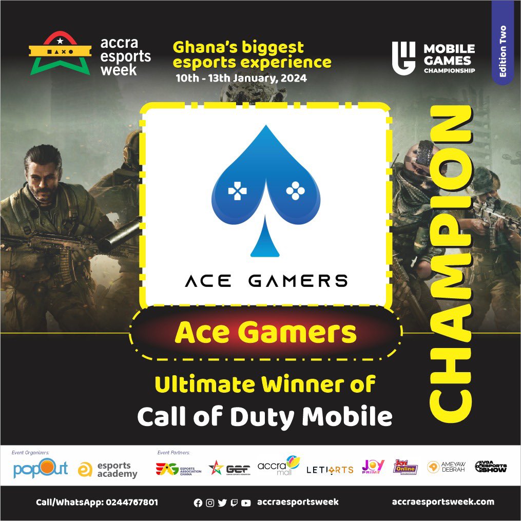 Accra Esports Week (@accraesports) on Twitter photo CALL OF DUTY MOBILE WINNER: <a href="/acegamers_espGG/">Ace Gamers Esports</a> won the ultimate prize for #CallOfDutyMobile in the #MobileGames championship during the second edition of Accra Esports Week. CALL OF DUTY MOBILE WINNER: <a href="/acegamers_espGG/">Ace Gamers Esports</a> won the ultimate prize for #CallOfDutyMobile in the #MobileGames championship during the second edition of Accra Esports Week.