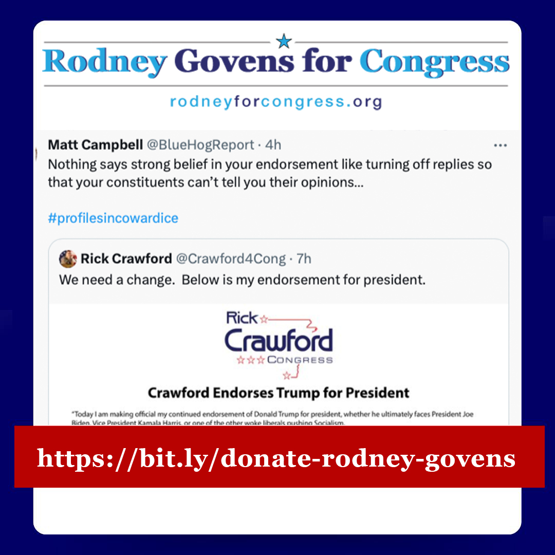 Rodney4Arkansas's tweet photo. @BlueHogReport nailed it. Ark's 1st District deserves a Rep who doesn't blatantly shut out constituents' voices at every turn ... Will you donate $24 today to help me win? https://t.co/IoRo3nlzw8 or visit https://t.co/n6XQCdmm29. @ArkDems @VortexArkansas @JonesForAR @DNC https://t.co/HiXzCiEIm7