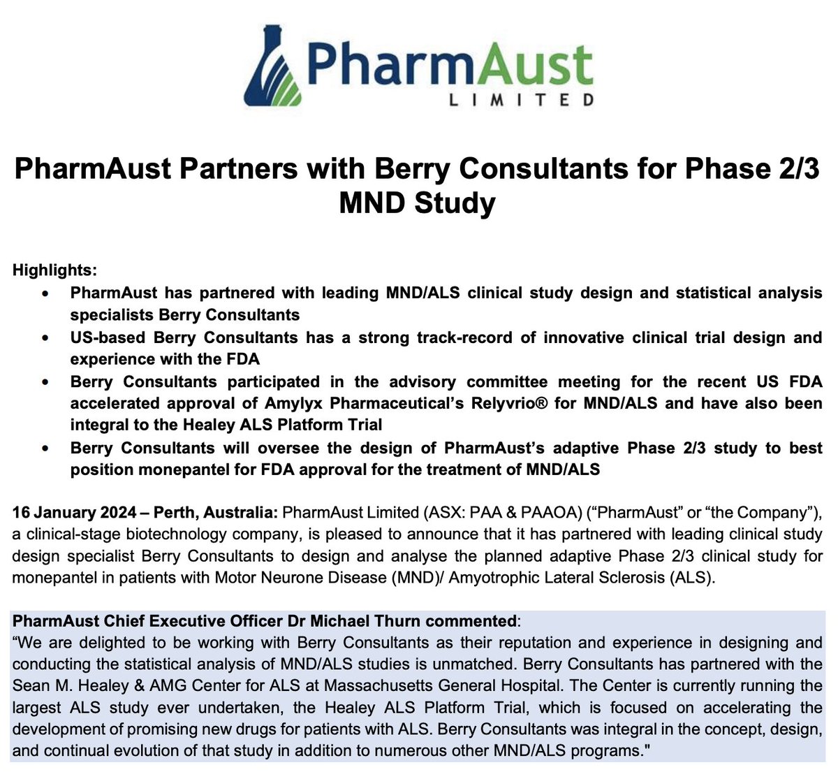 $PAA has partnered with leading #MND/#ALS clinical study design & statistical analysis specialists Berry Consultants, who will oversee the design of our adaptive Phase 2/3 study to best position monepantel for FDA approval for the treatment of MND/ALS: tinyurl.com/3td89s4r
