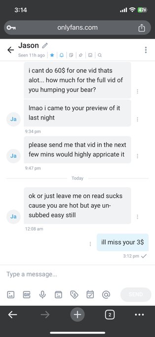 Y&rsquo;all. He has spent 3.84$ on me and then asked me for a creampie video which is the only one i have.<a href="/tag/mvsales"class="tags"><span>#mvsales</span></a>