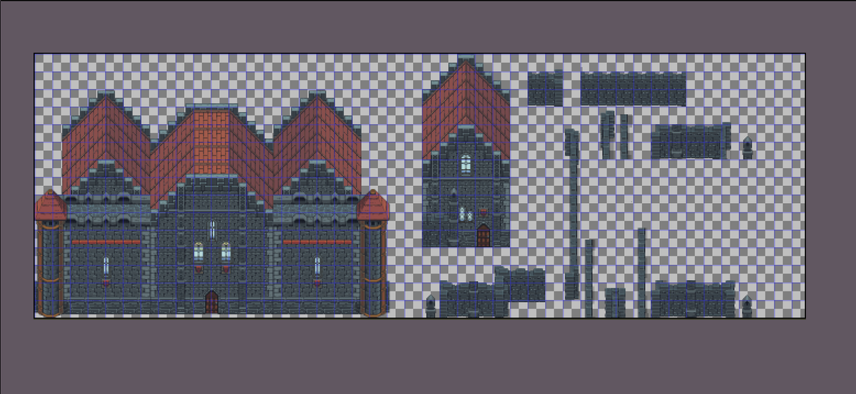 andrewski117's tweet photo. #no0days #gamedev #aseprite #indiegamedev 
Painting it on with a grid was a mess with layers so instead I chopped up my monastery and now have individual objects. For some reason my batches went from 9 to 8. Easier and better maybe. https://t.co/V2LyvK5vPk